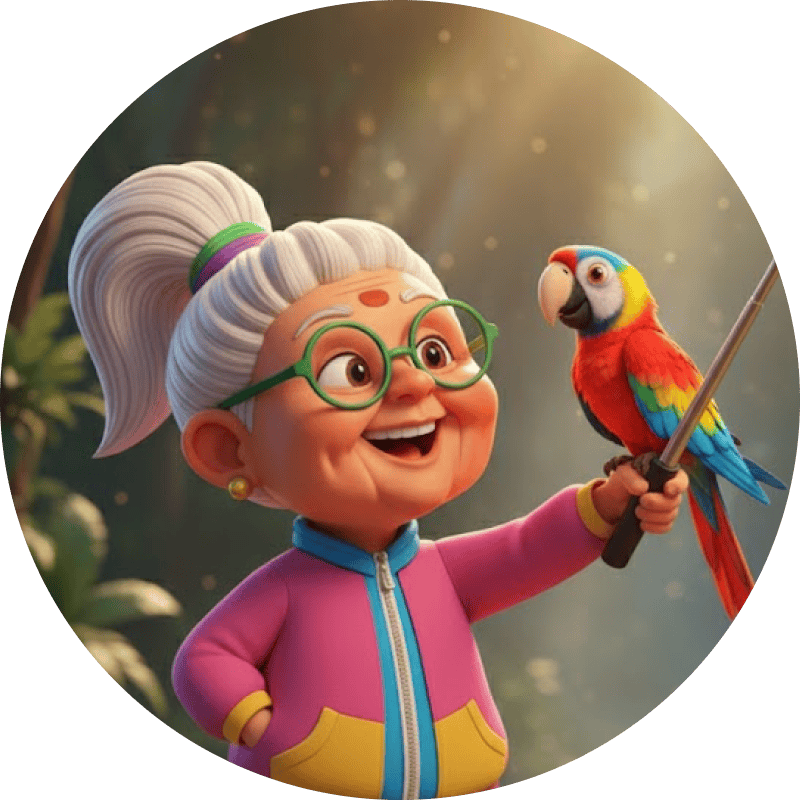 Disco Dadi in a hot pink and orange tracksuit